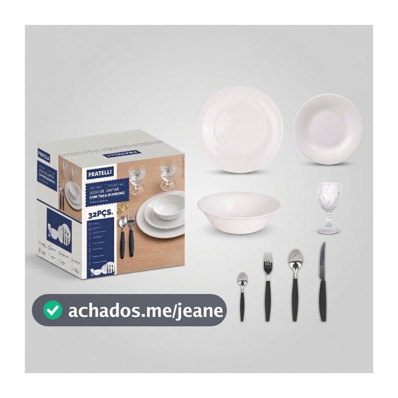 Jogo de Aparelho De Jantar 32 Peças Vidro Branco Com Talheres E Taças Diamond