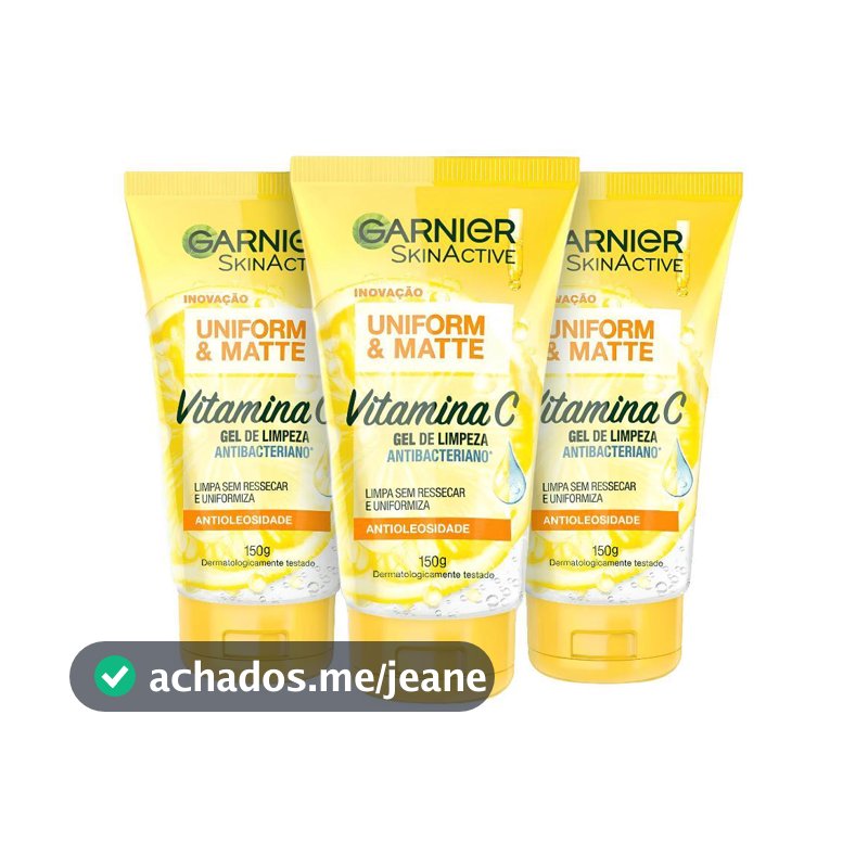 Kit 3 Gel de Limpeza Facial Antibacteriano Garnier Uniform & Matte Vitamina C, 150ml