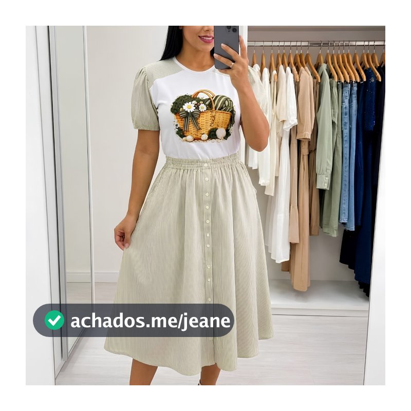 Conjunto Feminino Social Elegante Saia Midi e Camisa Listrada