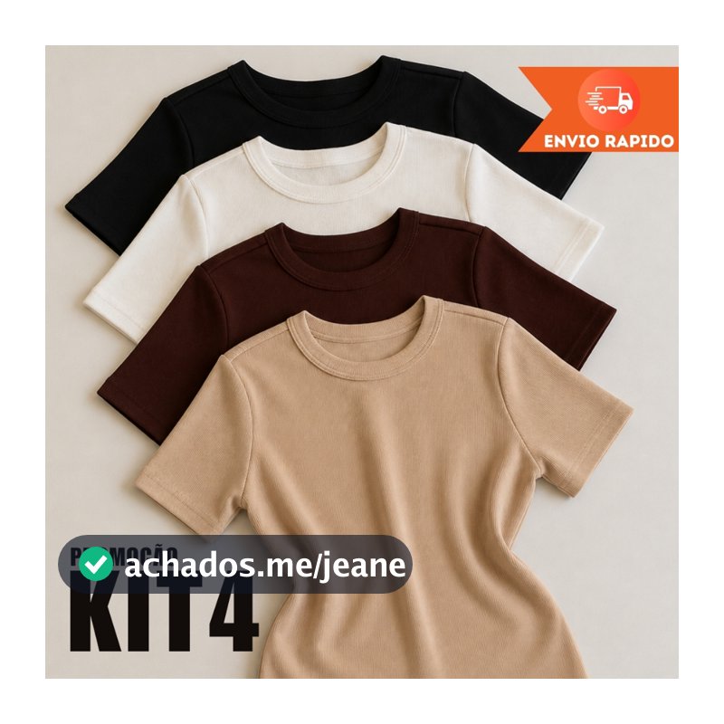 KIT 4 Blusas Feminina Ribana Básica Casual Canelada Baby Tee Estilosa Moda Verão