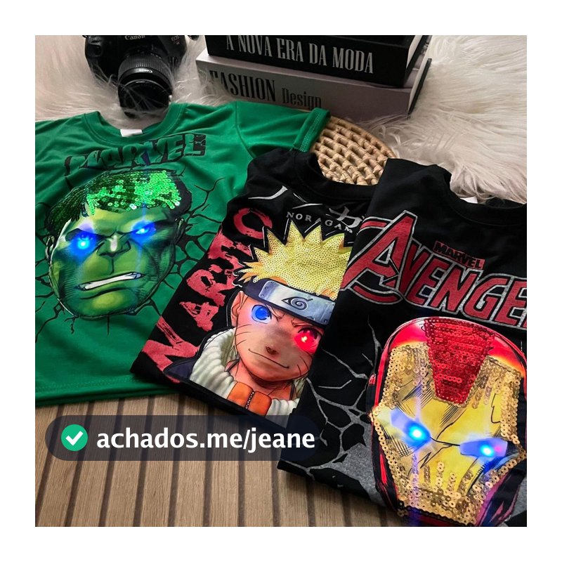 Camiseta de LED Personagem Pisca Prova d´água Infantil Hulk Naruto Homem de Ferro
