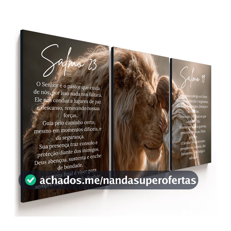 Kit 3 Quadro Leão Versículo Bíblico Salmo 23 e 91 Decoração Moderna Quarto Sala
