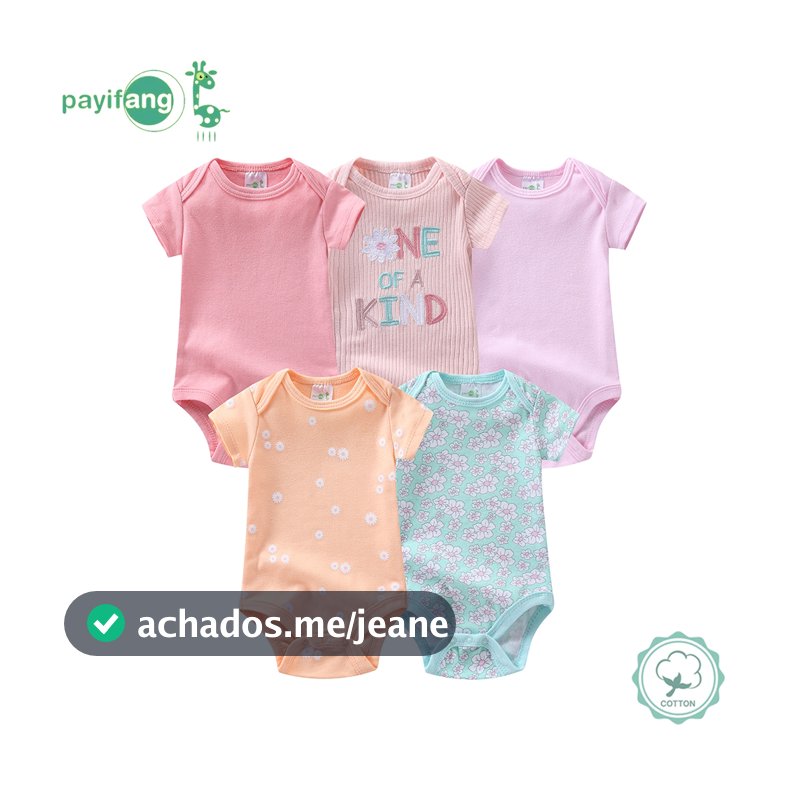 Kit 5 Pecas Body Bebe Manga Curta Algodao Suedine Meninos e meninas Verao 60% algodão, 40% poliéster-Série Rosa