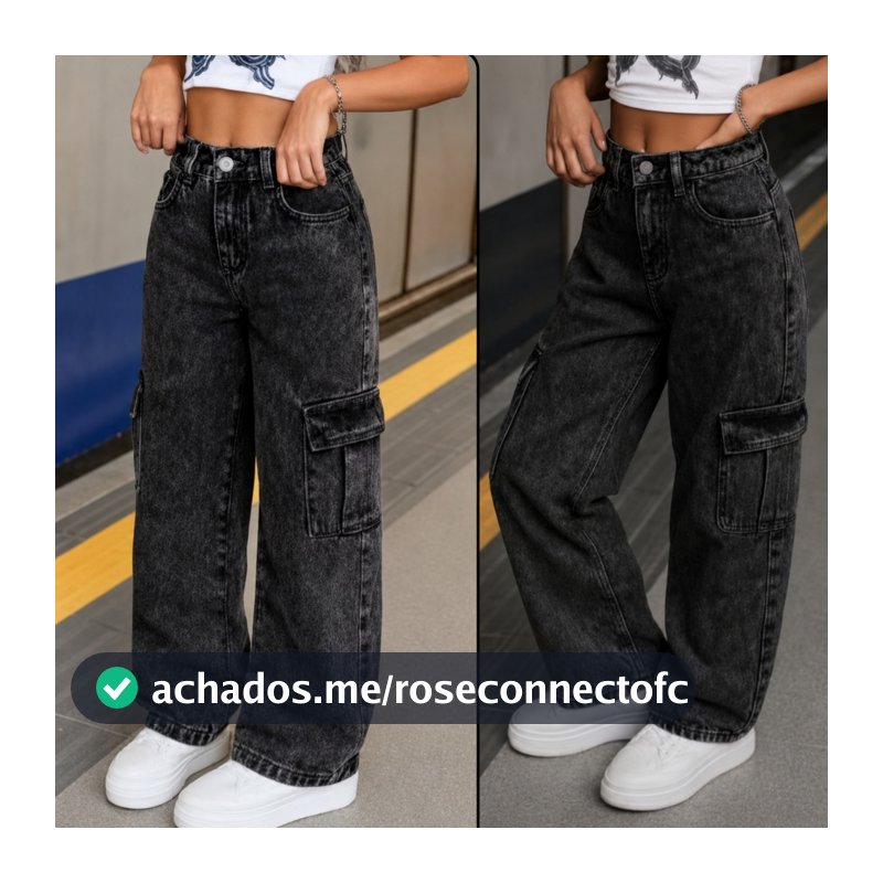 Calça Jeans Wide Leg Cargo Preta Marmorizado 04 ao 16 Modelagem Solta e Confortável