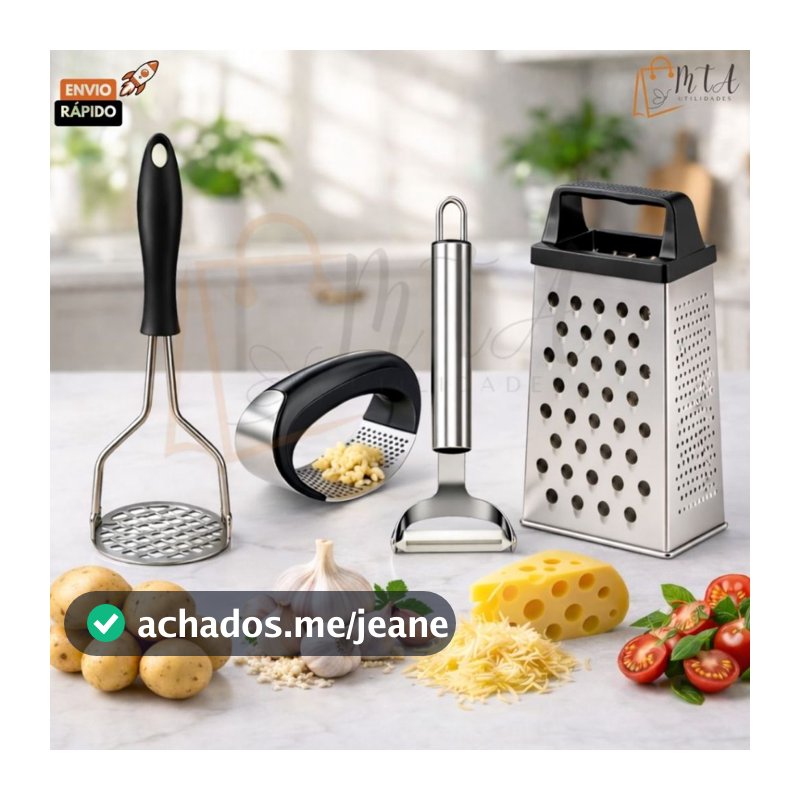Kit Utensílios Ralador 4 Faces Amassador Batata Amassador Alho Descascador de Legumes em Aço Inox