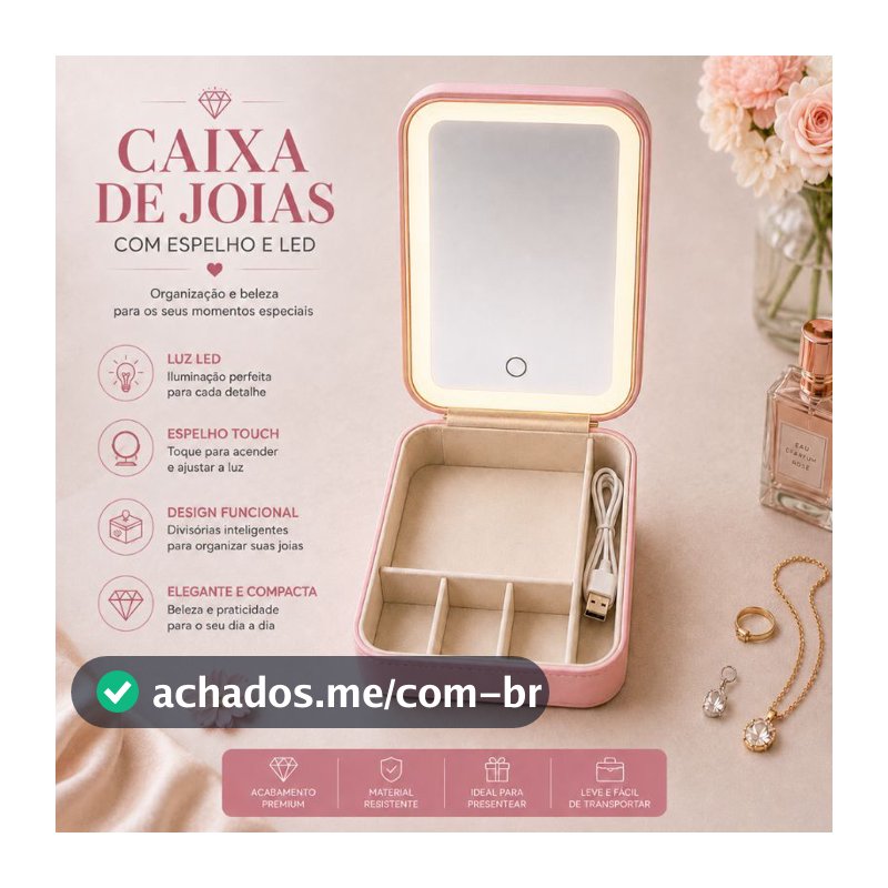 Caixa Porta Joias Luxo com Espelho LED USB Recarregável Organizador de Bijuterias 4 Divisórias