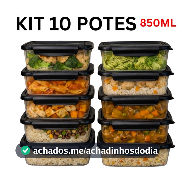 Kit 10 Marmita Conjunto Potes 850ml com Travas Laterais BPA FREE - Organizadores de Congelador