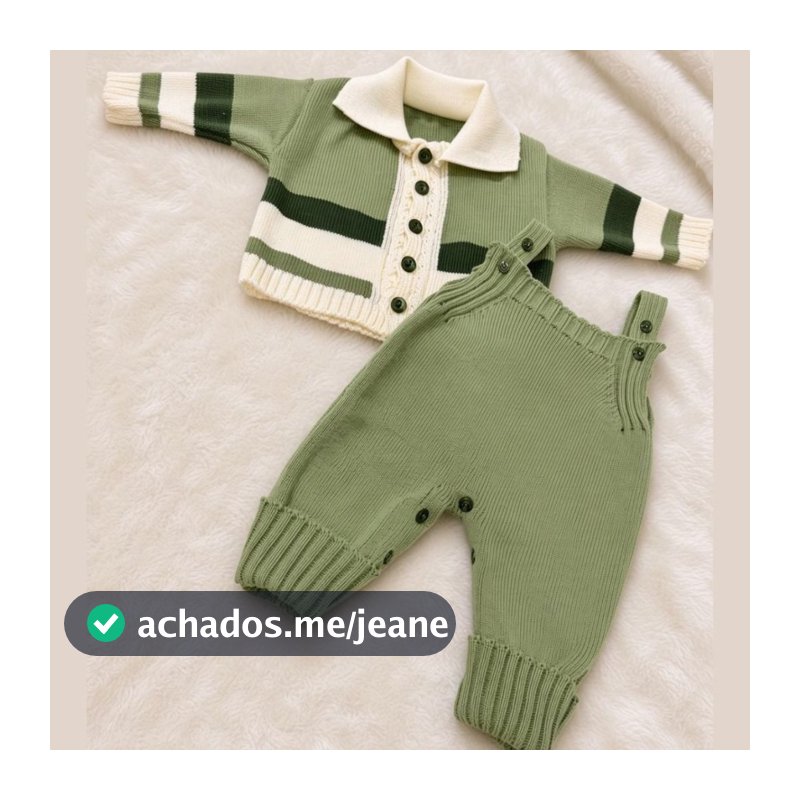 Conjunto Bebê Tricô Cardigan e Jardineira Verde  Enxoval Baby Menino