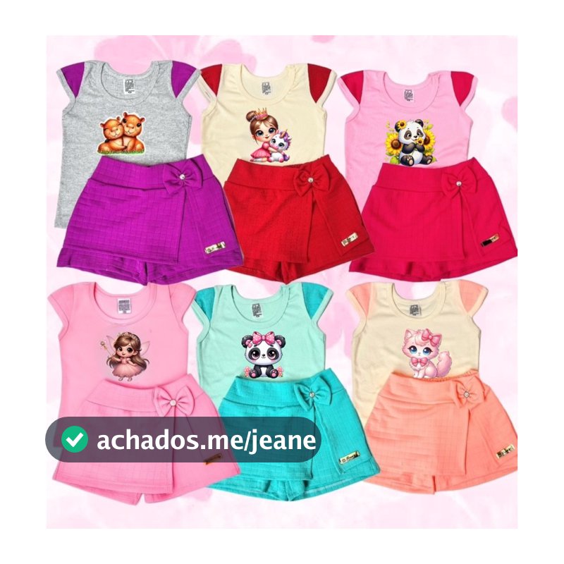 6 peças Sortidas - 3 SHORT saia e 3 Blusinhas com estampas sortidas Moda verão infantil