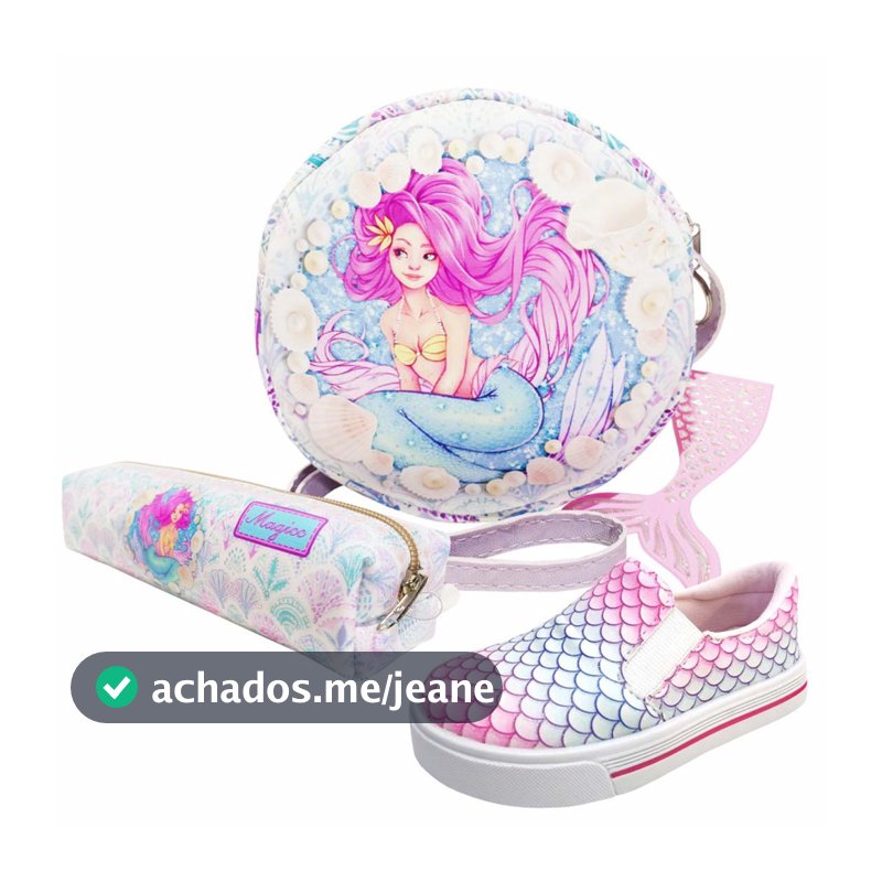 Kit Infantil  Feminino Bolsa Infantil, Tênis Infantil Feminino Casual e Estojo Sereia e Conchas, Tenis Infantil Menina Magicc Kids (008-073)
