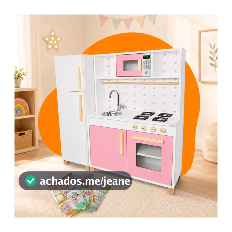 Cozinha Infantil com Geladeira Rosa Bebê Madeira Brinquedo Faz de Conta Chef Kit Livro Educativo