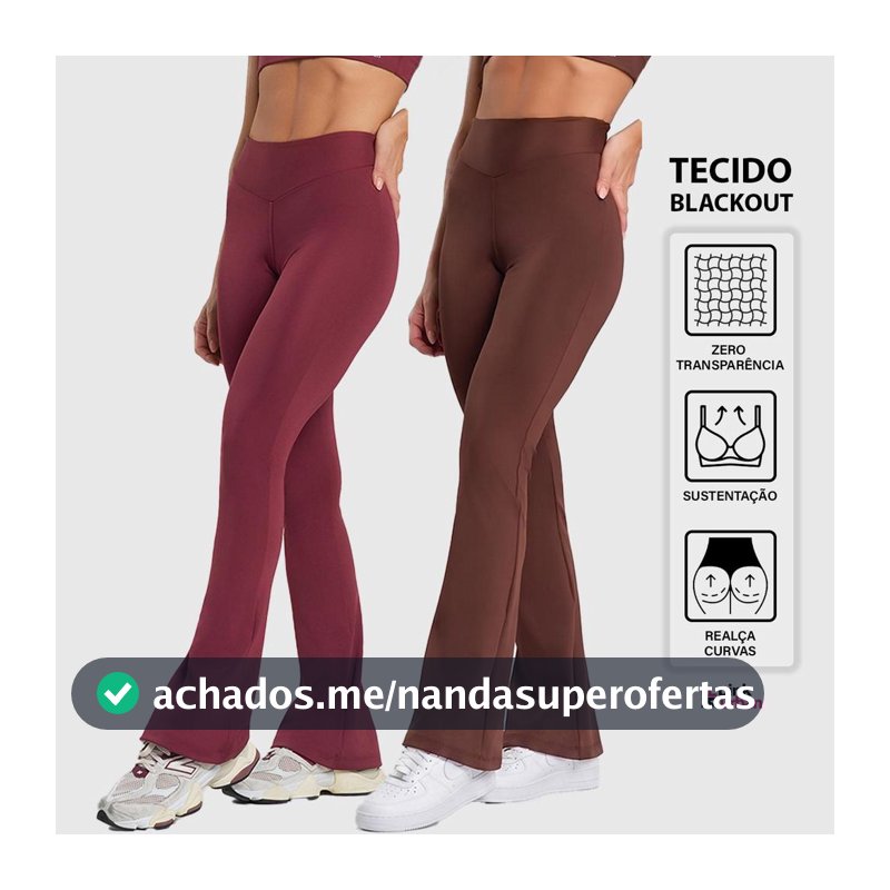 Kit 2 Calça Legging Fitness Feminino Flare Cintura Alta Balance Blackout Zero Transparência Bailarina