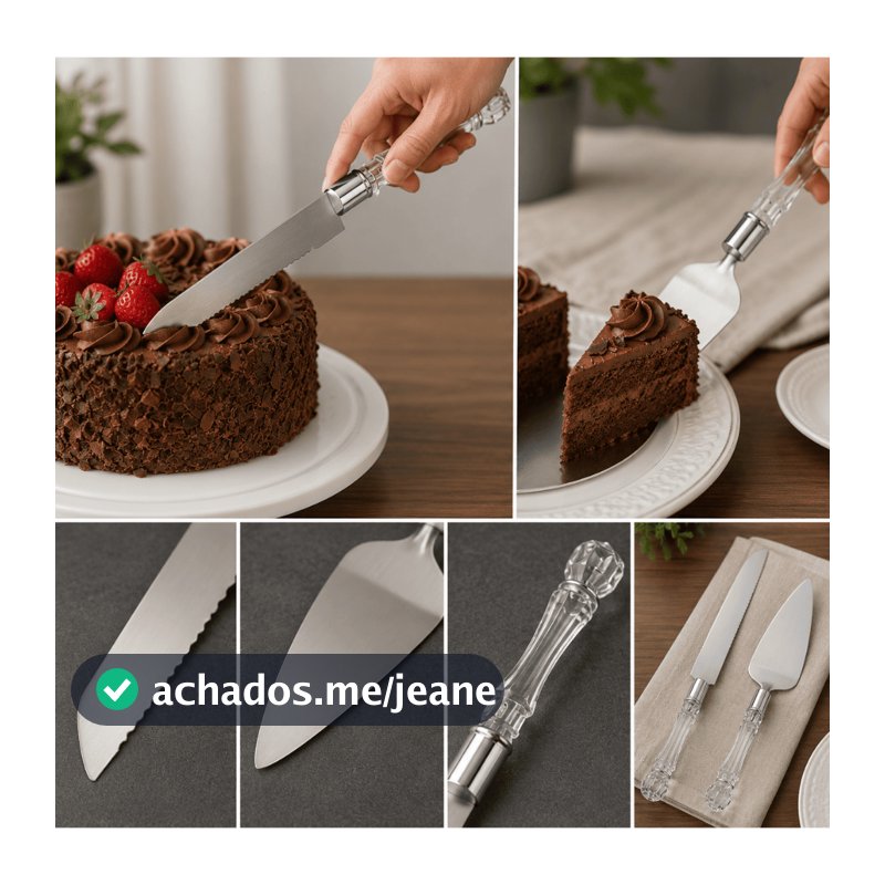 Kit para Confeitaria 2 Peças Espátula para Bolo e Faca Serrilhada Bolos Tortas e Sobremesas em Inox Cabo de Acrilico