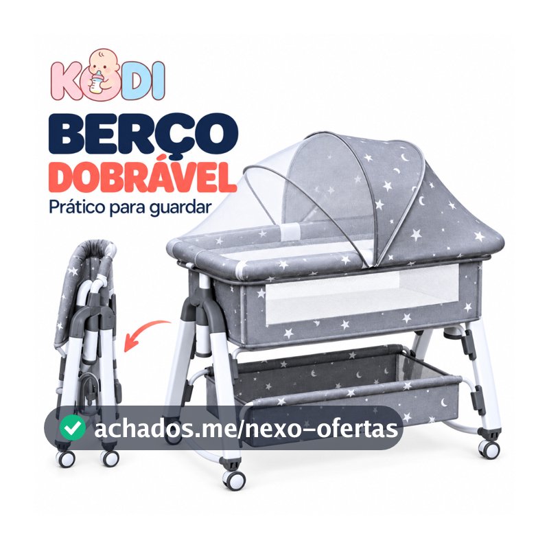 Berço Portátil 3 em 1 para Bebê com Balanço, 5 Alturas, Rodízios, Mosquiteiro e Colchão KODI