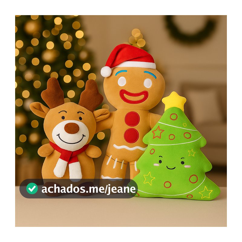 Pelúcia de Natal Kit - Árvore 30 cm, Rena 18 cm, Biscoito 33 cm