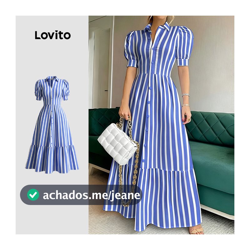 Lovito Listrada Vestido Casual com Botões Primavera/verão Azul para Mulheres LK4LD300