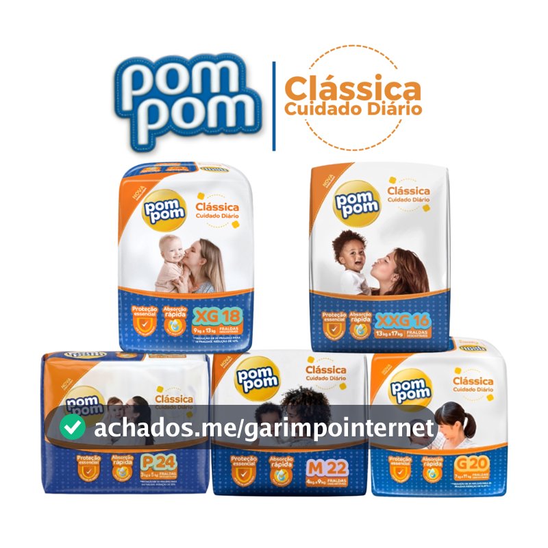Fralda Descartável Infantil Pom Pom Clássica Jumbo Tamanho P M G XG XXG - Variação