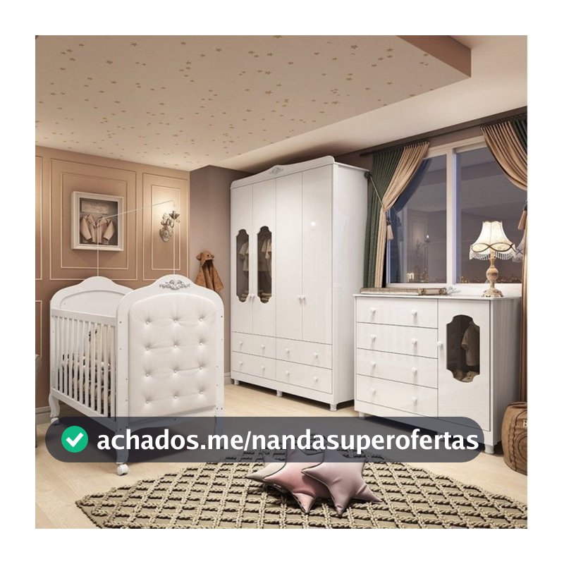 Quarto de Bebê Berço 3 em 1 com Capitonê, Cômoda e Guarda Roupa MDF Maya Provençal Yescasa Branco Branco Brilho