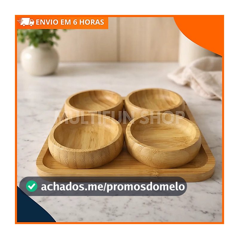 Bandeja Petisqueira em Bambu com 4 Molheiras Design Elegante para Servir Aperitivos
