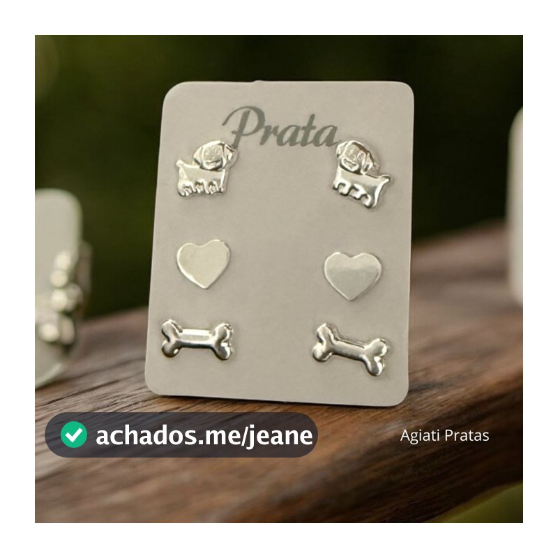 Trio de Brincos Cachorro Osso Coração em Prata 925