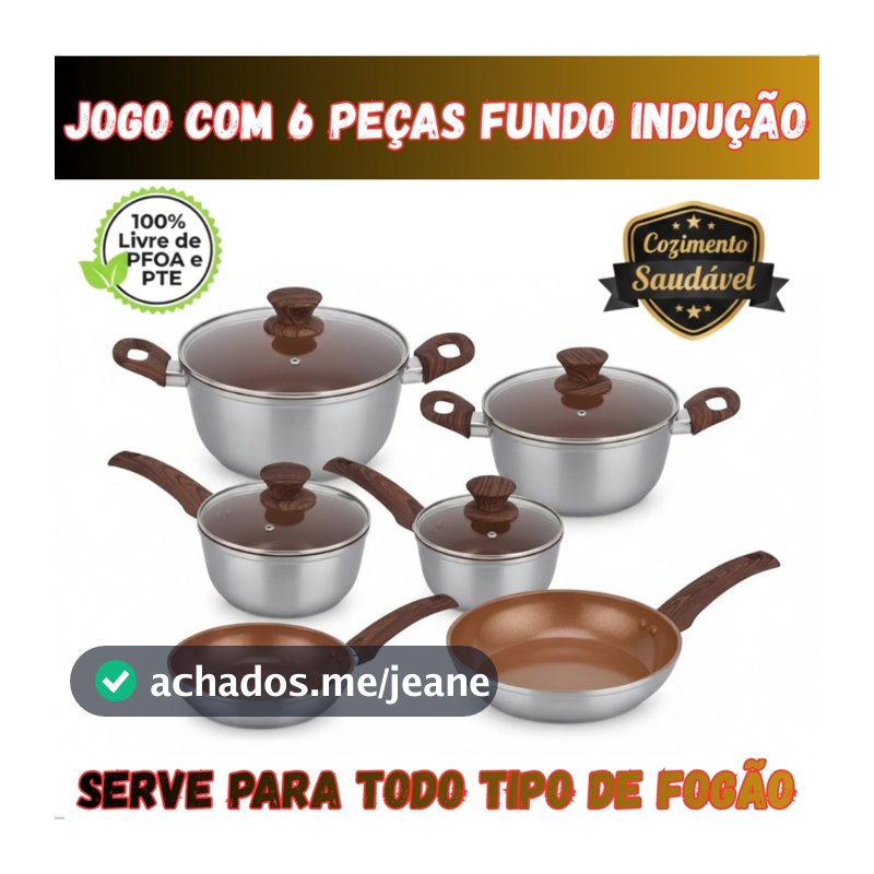 Jogo de Panelas Cerâmica Antiaderente Indução 6 Peças Alumínio Livre de PFOA e PTE