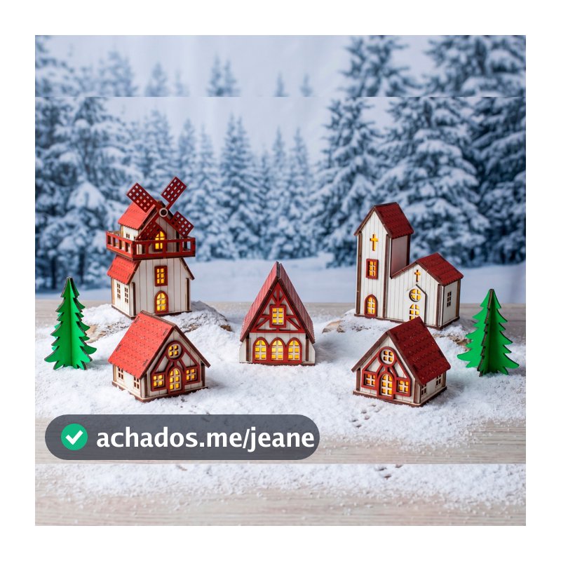 Kit Vila Natalina 7 peças  Madeira Decoração Casa pintada nas cores Vermelha, Rosa ou Dourada