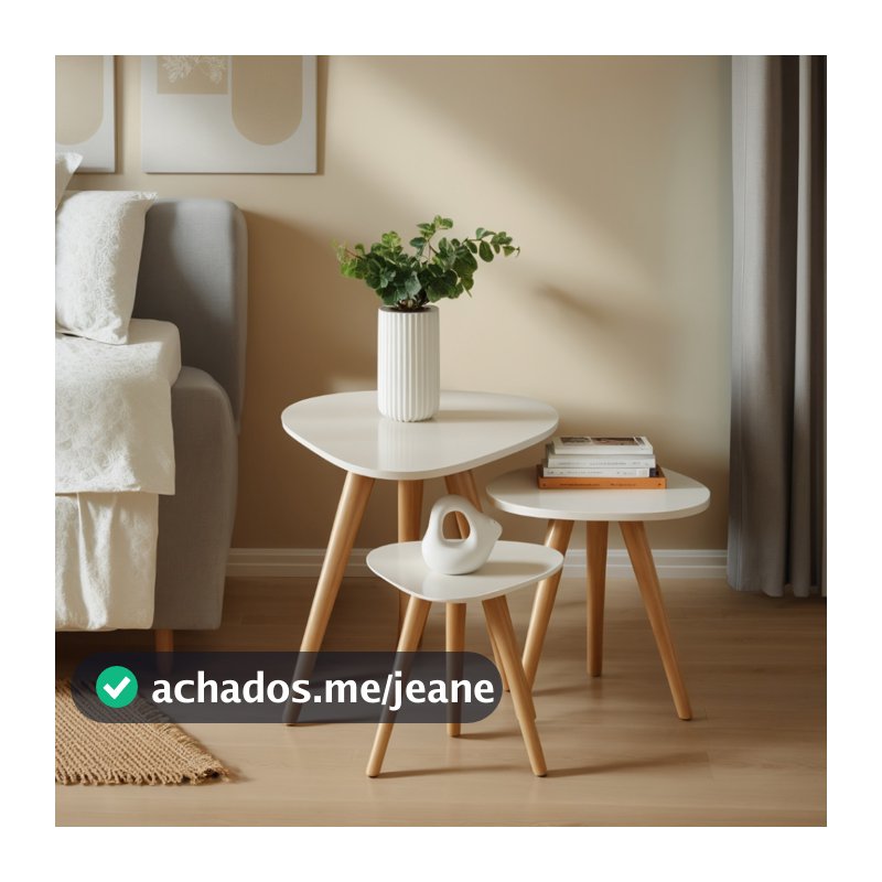 Kit Trio Jogo de Mesinhas Lateral Sala Pé Palito Retro Tampo Orgânico Casa
