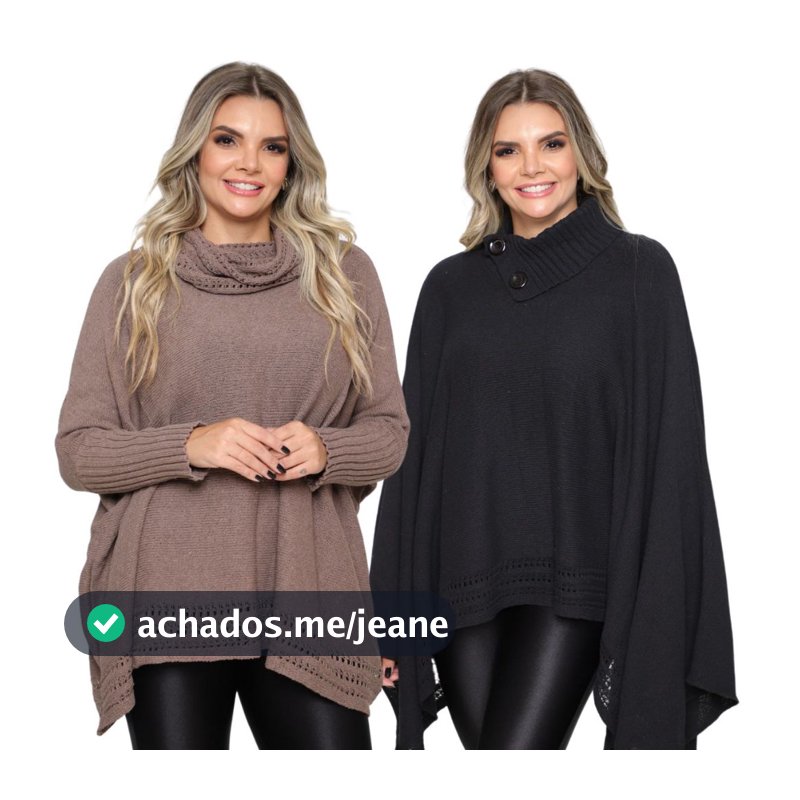 Kit 2 Poncho Feminino Tricô Gola Alta Casaco Lã Mousse Liso Boho