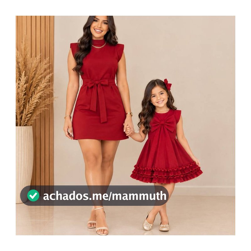 Kit Mãe e Filha Natal Vestido Algodão Vermelho Marsala Laço Tal Mãe Tal Filha Babado