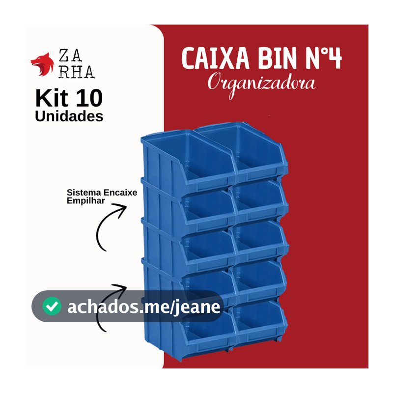 Caixa Bin Organizadora Plástica Azul Nº4 com 10 Unidades Empilhável Resistente Estoque Oficina