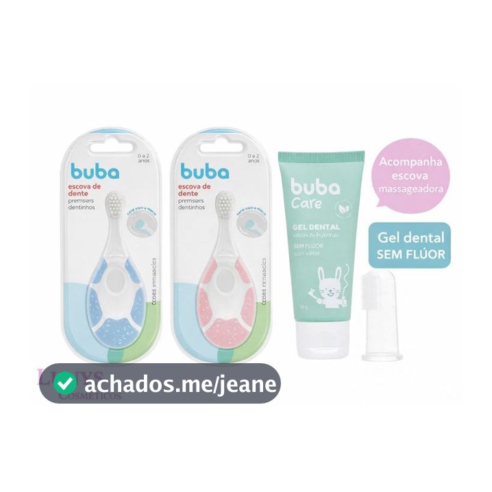 Kit Escova De Dente  Bebê Primeiros Dentinhos Azul Rosa + Gel Dental Sem Fluor Com Massageadora Bucal Buba