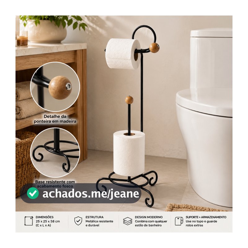 Suporte Porta Papel Higiênico de Chão Preto com Reserva Organizador Banheiro Ferro Decorativo