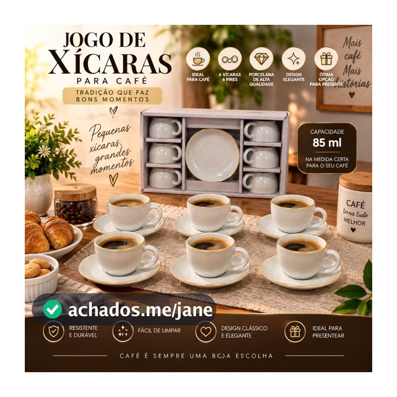 Conjunto 6 Xícaras Porcelana Branca 85 ml Pires Madeira Café Chá Mesa Café Manhã Mesa Posta Completa Aconchegante