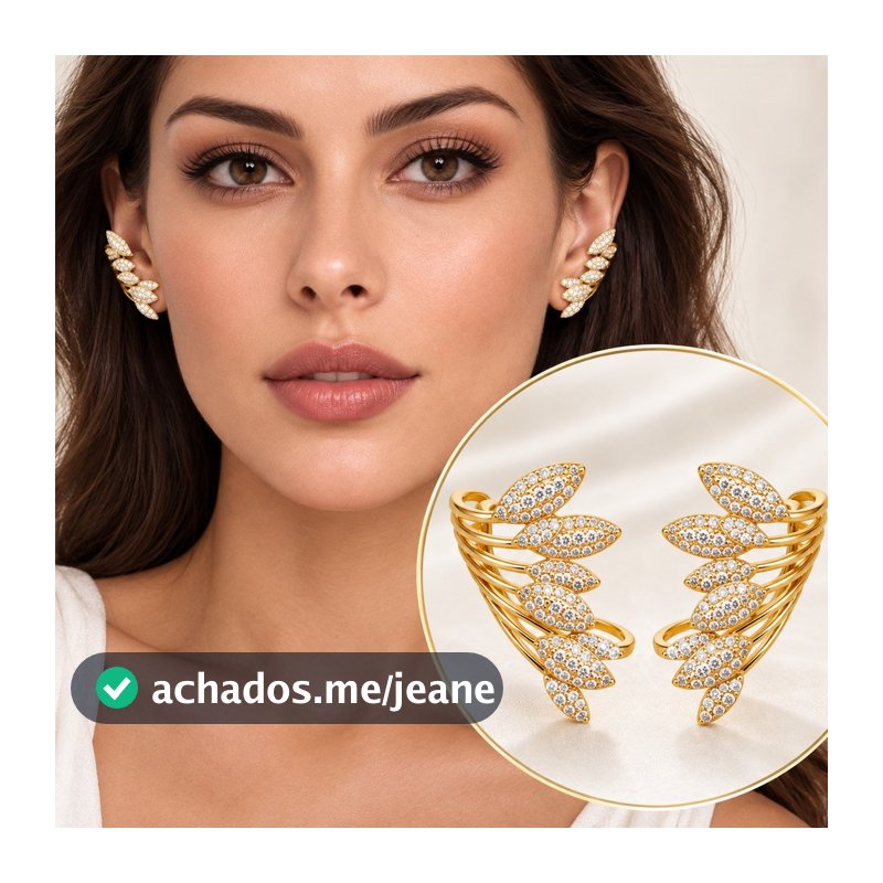 Brinco Feminino Ear Cuff Com Pino Dourado Zircônia Cobre Banhado A Ouro Folhas Cravejadas Design Diferenciado
