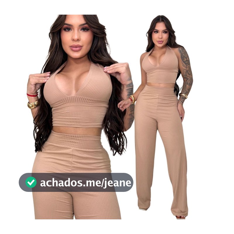 Conjunto Feminino Calça Pantalona Wide Leg + Top Cropped Amarração Multiformas Moda Gringa Elegante Casual