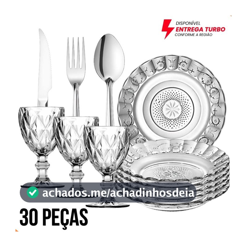 Aparelho de Jantar 30 Peças - 6 Pratos  + 6 Taças 340ml + 18 Talheres Inox