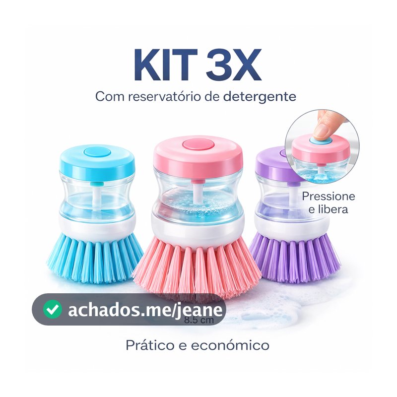 Kit 3-1 Escova Lava Louças Com Dispenser Sabão Detergente Reservatório Limpeza Cozinha Multiuso