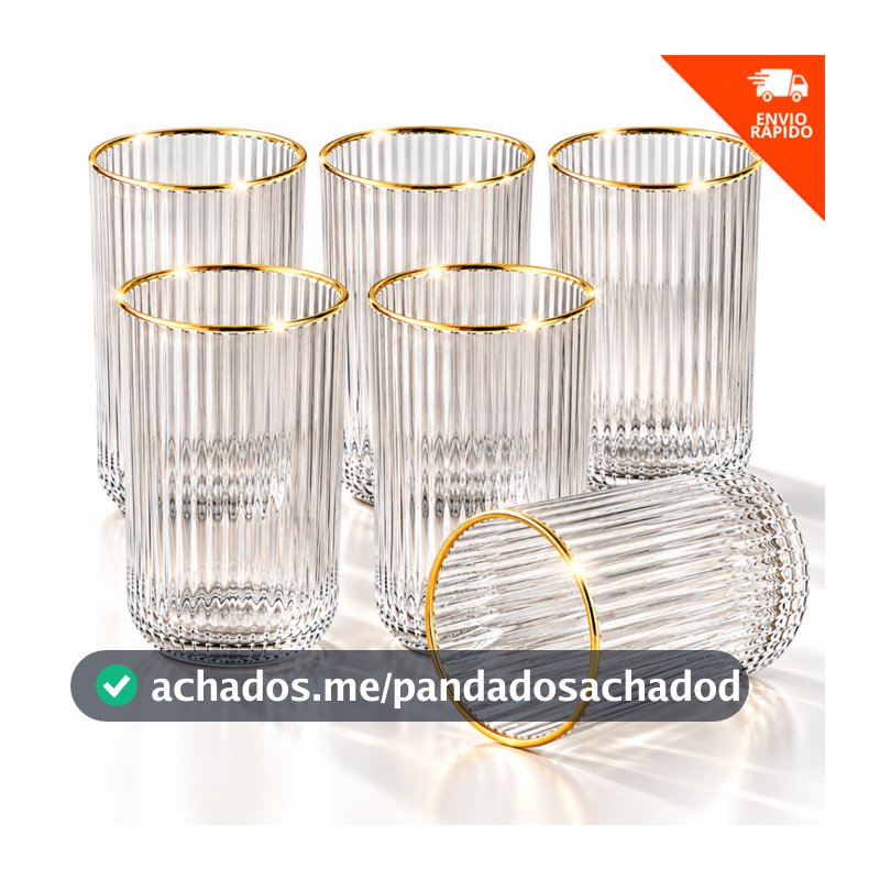 Jogo 6 Copos Versalhes 420ml Vidro Canelado com Borda Dourada para Drinks Suco Água e Refrigerante