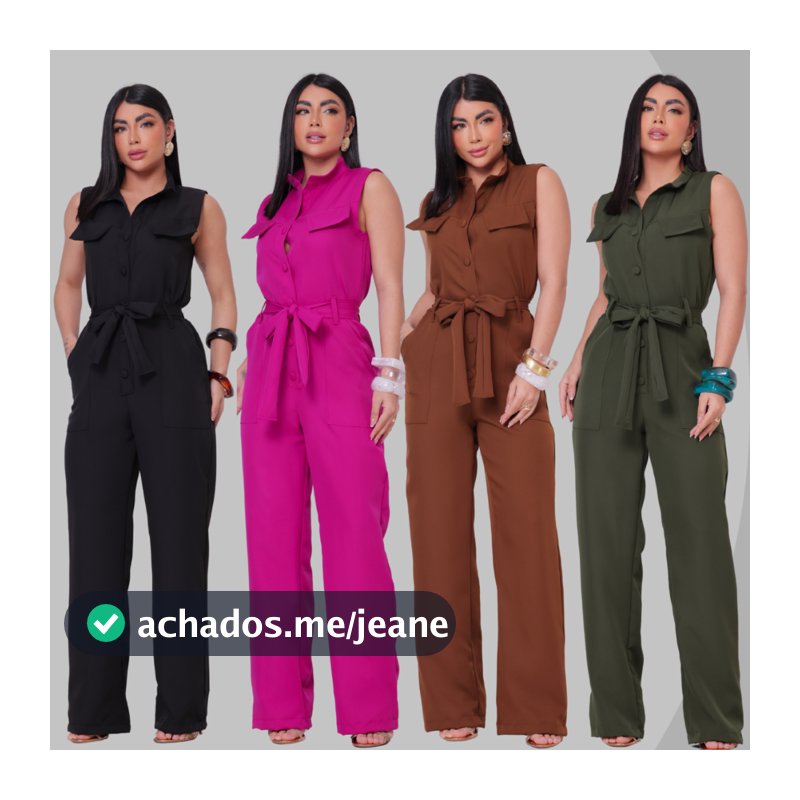 Macacão Feminino Pantalona Alfaiataria Premium com Bolsos e Cinto Faixa Elegante Tedência Do P ao G3