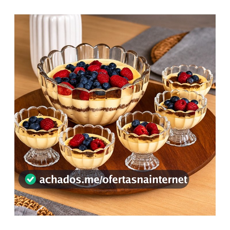 Jogo 7 Peças Wolff Sobremesa 6 Bowl 125ml e 1,1L Mesa Posta Requintada Transparente Luxo Geneva Taça