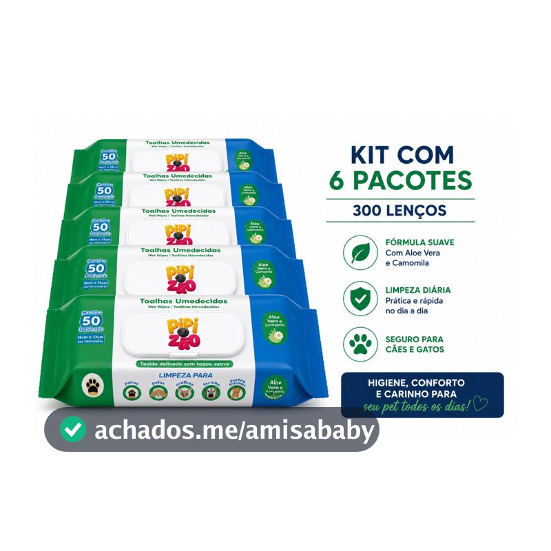 Lenço Umedecido Pet Pipizão 300 Lenços Kit 6 Pacotes Higiene Cães Gatos