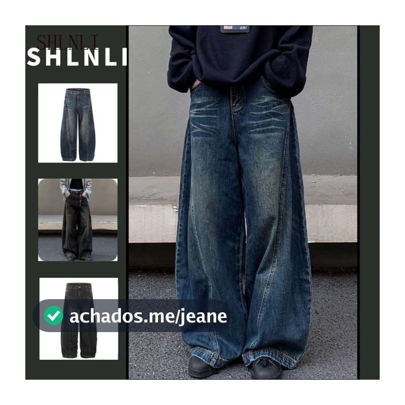 Primavera Outono Masculino High End Versátil Lavado Jeans Solto Perna Reta Larga Street Calças Americanas