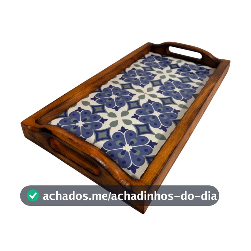 Bandeja De Servir Retangular Alça De Madeira Maciça Azulejo Rústico Decorativo