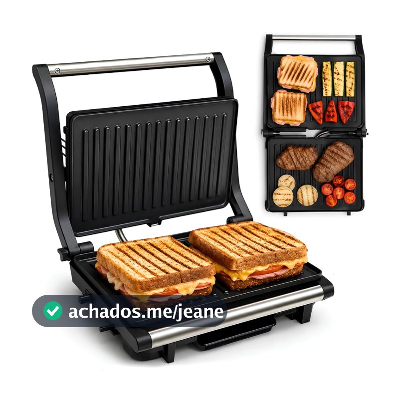 Grill Prensa Sanduíche 1000W Abre 180° Chapa Dupla Antiaderente para Panini Carnes e Lanches Doméstico
