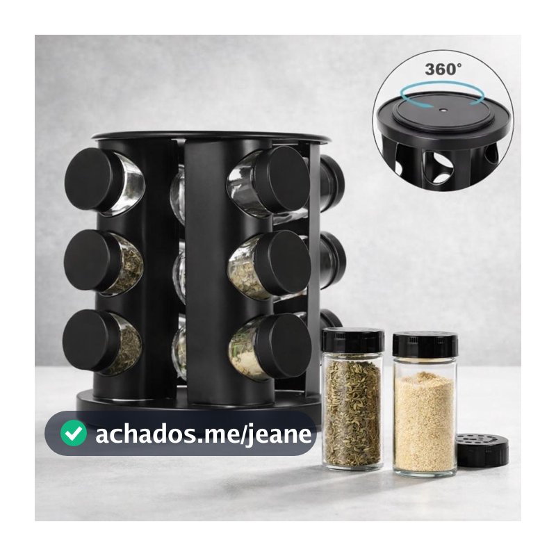 Porta Tempero Giratorio Preto Com 6/9 Potes Vidro Reforçado Premium