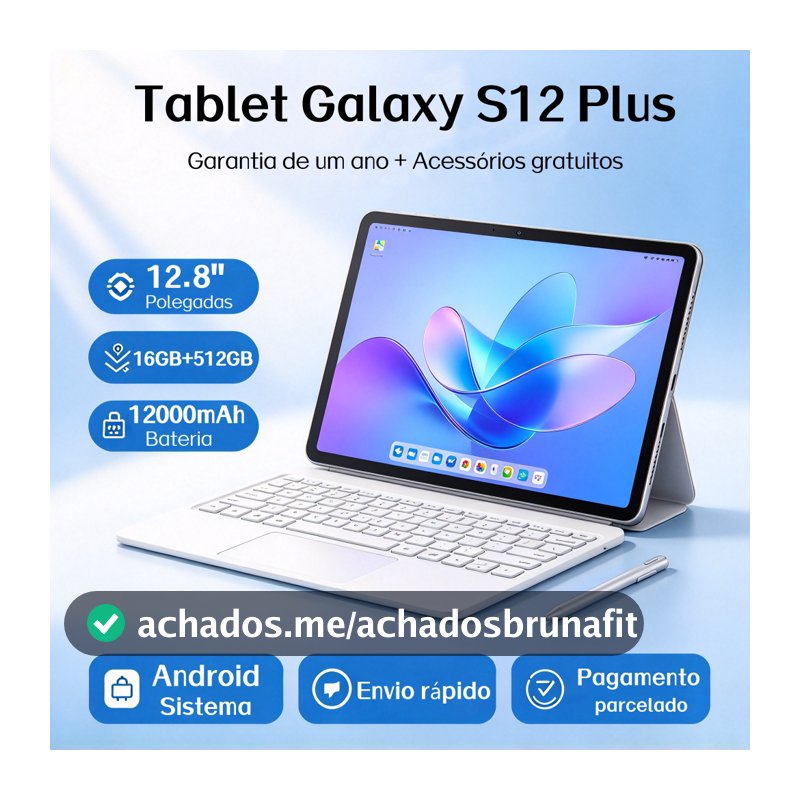 【Garantia de 1 ano】Tablet Galaxy S12 Plus 16 GB + 512 GB, 12,8 polegadas, 12.000 mAh, teclado e mouse grátis