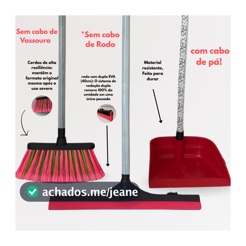 Kit Vassoura Rodo e Pá de Lixo Vermelho Com Cabo 60cm - Limpeza Prática Eficiente Completa
