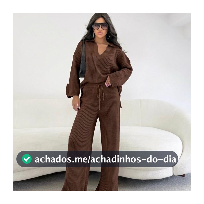 Conjunto Feminino em Tricot Blusa Alongada Oversized Polo e Calça Canelada Cordão Ajustável Aerolook