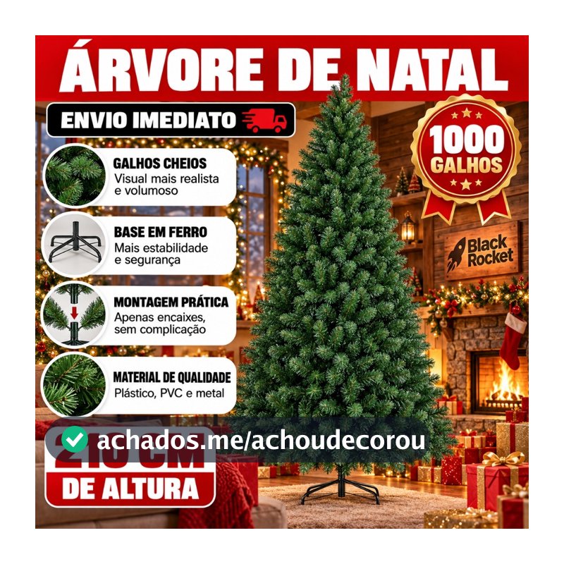 Árvore de Natal 210 cm 1000 Galhos Super Cheia Grande Luxo Decoração de Natal 2026