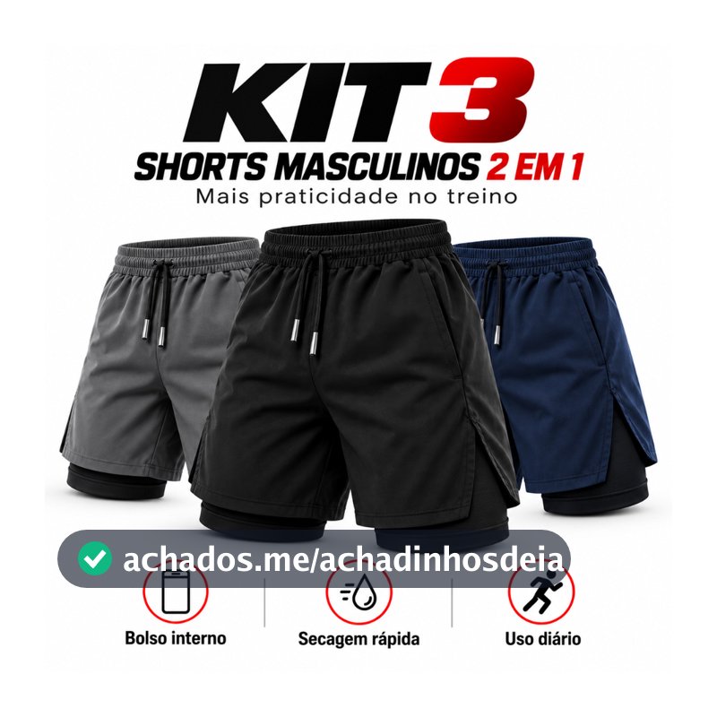 KIT 3 Short 2 em 1 Masculino Dry Fit Academia Corrida Esportivo Leve e Confortável